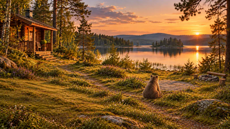 Du sitter vid sjön tillsammans med följeslagaren Balder, med stugan och lägerelden i närheten.