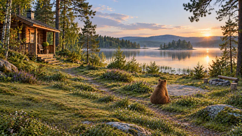 Du sitter vid sjön tillsammans med följeslagaren Balder, med stugan och lägerelden i närheten.