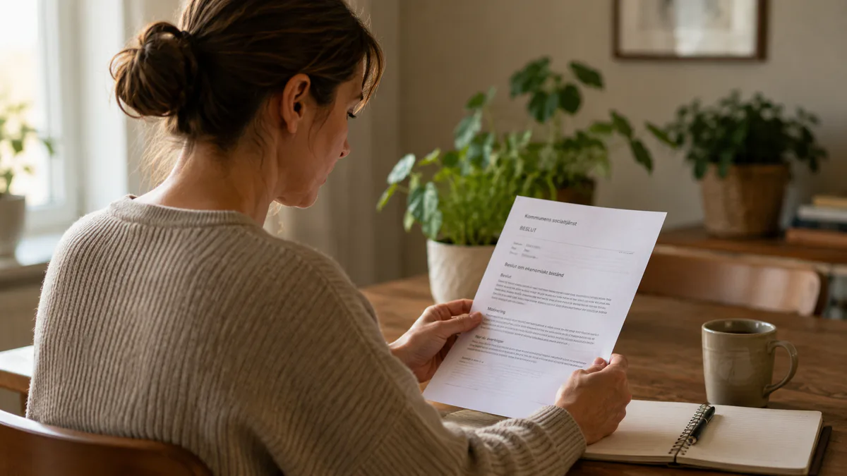 Person som sitter vid ett bord och går igenom ett beslut från socialtjänsten.